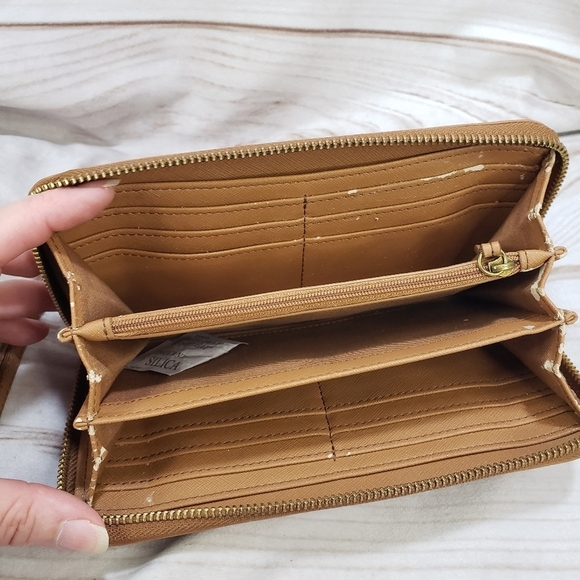 Fossil Boho Fall Leaves Camel Brown Leather Zip Wallet Wristlet READ 8" 2016 - Picture 11 of 15